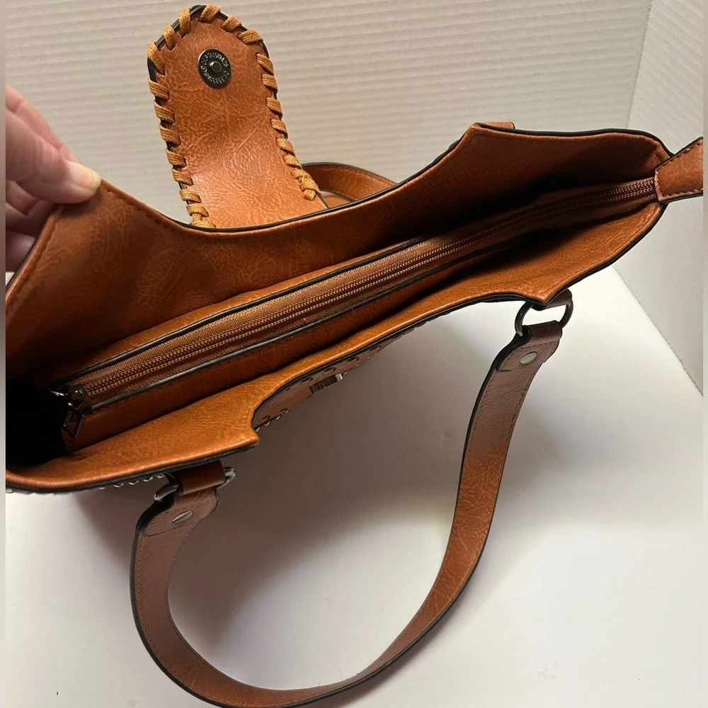 Sam & HadleyWestern Cognac Faux Leather Shoulder Bag Turquoise Whipstitch Tote